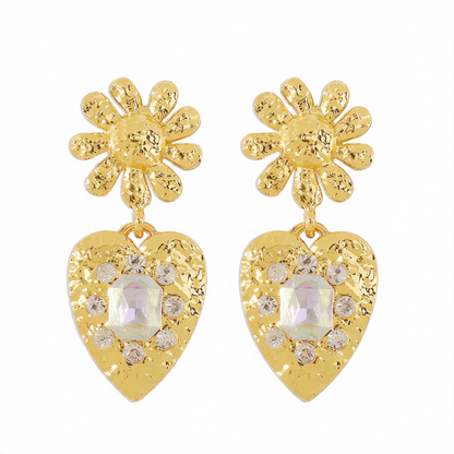 Crystal & 18K Gold-Plated Flower Heart Drop Earrings