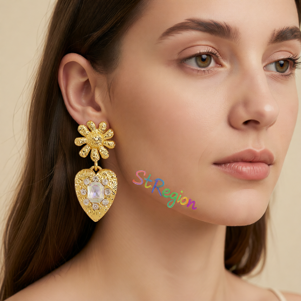 Crystal & 18K Gold-Plated Flower Heart Drop Earrings