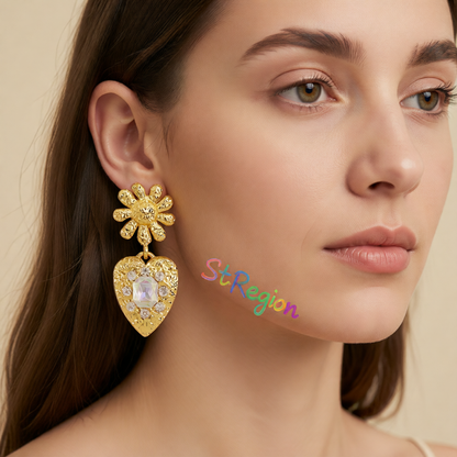 Crystal & 18K Gold-Plated Flower Heart Drop Earrings
