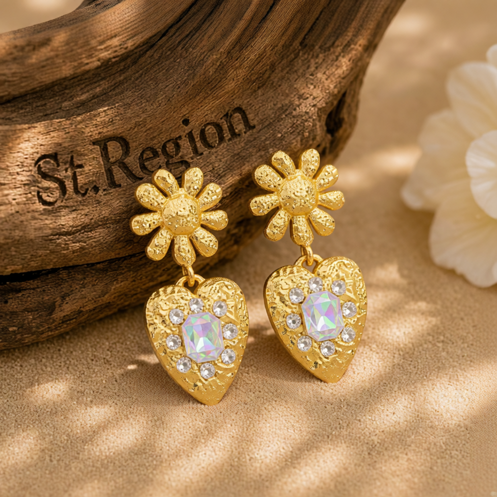 Crystal & 18K Gold-Plated Flower Heart Drop Earrings