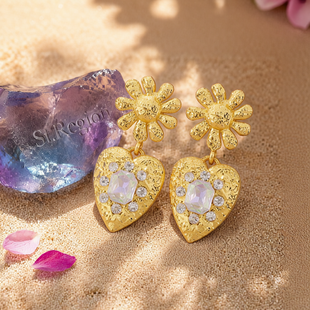 Crystal & 18K Gold-Plated Flower Heart Drop Earrings