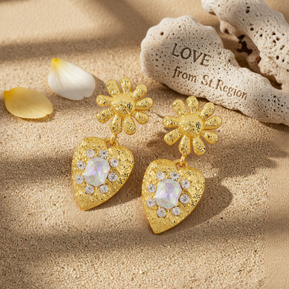 Crystal & 18K Gold-Plated Flower Heart Drop Earrings