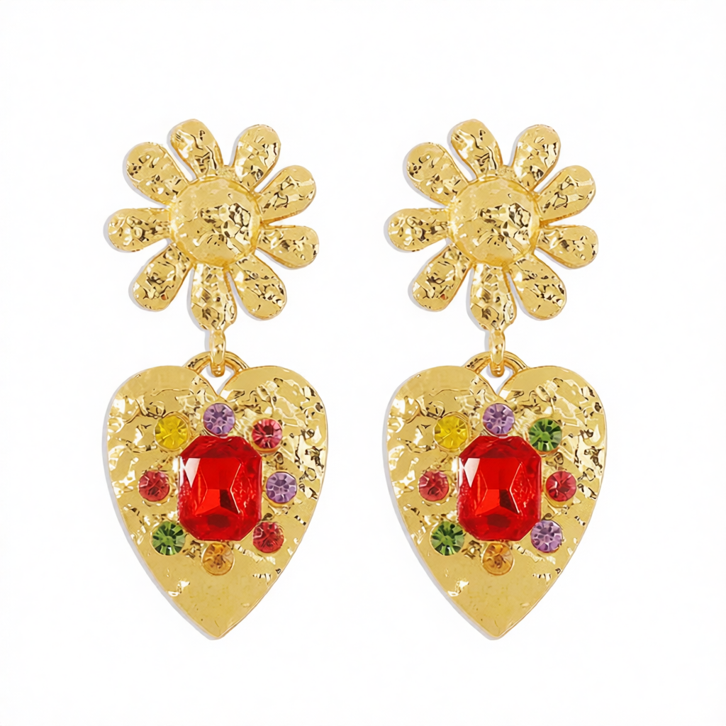 Red Crystal & Cubic Zirconia 18K Gold-Plated Flower Heart Drop Earrings