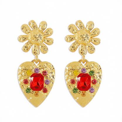 Red Crystal & Cubic Zirconia 18K Gold-Plated Flower Heart Drop Earrings