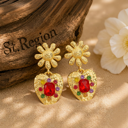Red Crystal & Cubic Zirconia 18K Gold-Plated Flower Heart Drop Earrings