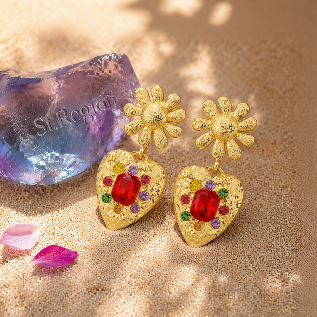 Red Crystal & Cubic Zirconia 18K Gold-Plated Flower Heart Drop Earrings