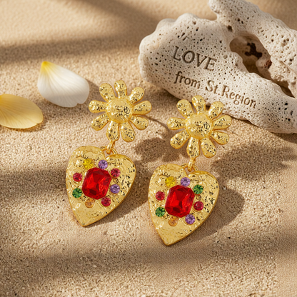 Red Crystal & Cubic Zirconia 18K Gold-Plated Flower Heart Drop Earrings