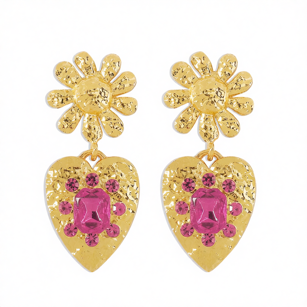 Rose Crystal & 18K Gold-Plated Flower Heart Drop Earrings