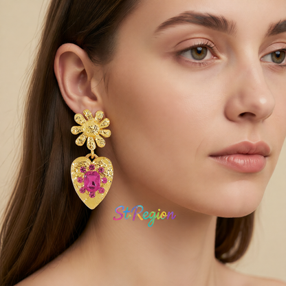 Rose Crystal & 18K Gold-Plated Flower Heart Drop Earrings