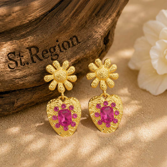 Rose Crystal & 18K Gold-Plated Flower Heart Drop Earrings