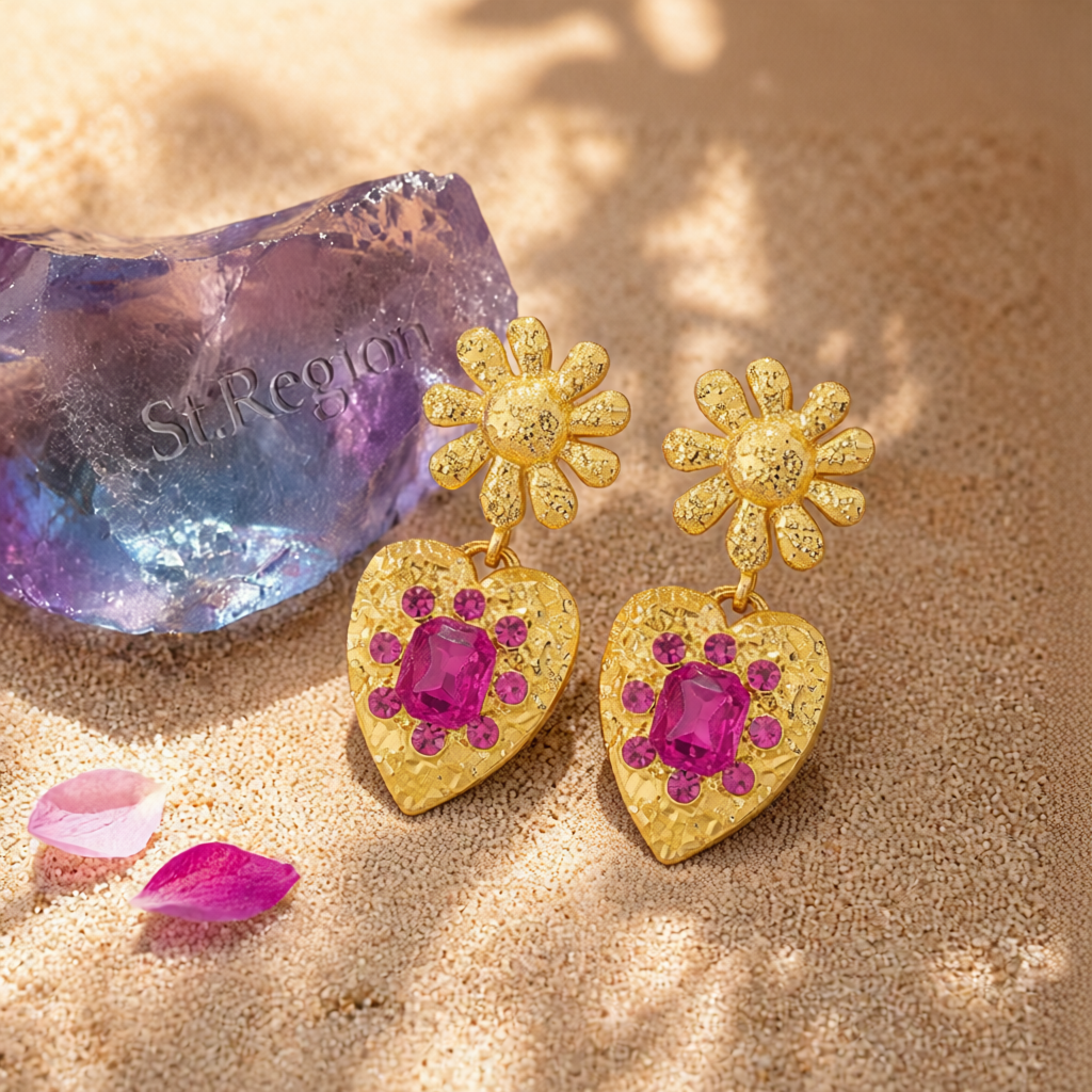 Rose Crystal & 18K Gold-Plated Flower Heart Drop Earrings