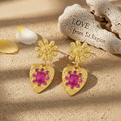 Rose Crystal & 18K Gold-Plated Flower Heart Drop Earrings