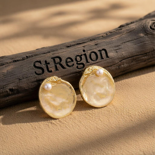 Pearl & 18K Gold-Plated Textured Round Stud Earrings