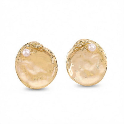 Pearl and 18K Gold-Plated Textured Round Stud Earrings, cubic zirconia stud earrings for women, everyday style, side view
