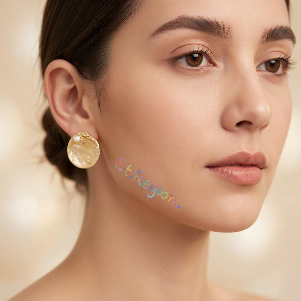 Pearl and 18K Gold-Plated Textured Round Stud Earrings, cubic zirconia stud earrings for women, everyday style, styled look