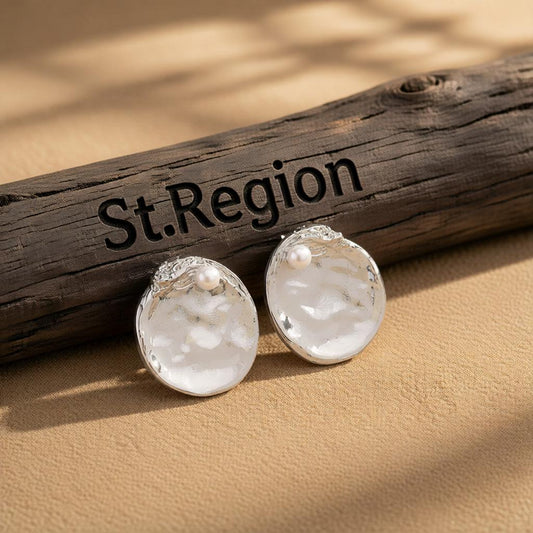 Pearl & Silver-Plated Textured Round Stud Earrings