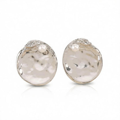 Pearl & Silver-Plated Textured Round Stud Earrings
