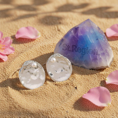 Pearl & Silver-Plated Textured Round Stud Earrings