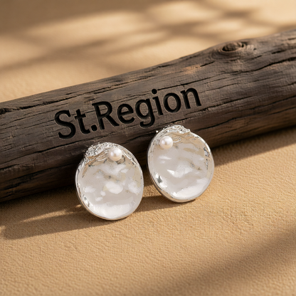 Pearl & Silver-Plated Textured Round Stud Earrings