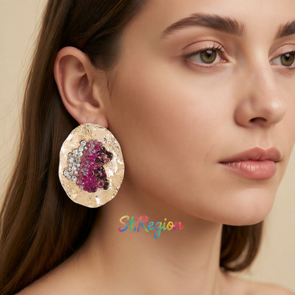 Purple Cubic Zirconia & 18K Gold-Plated Textured Oval Stud Earrings
