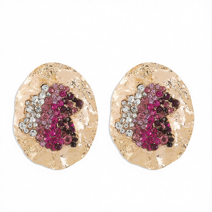 Purple Cubic Zirconia & 18K Gold-Plated Textured Oval Stud Earrings
