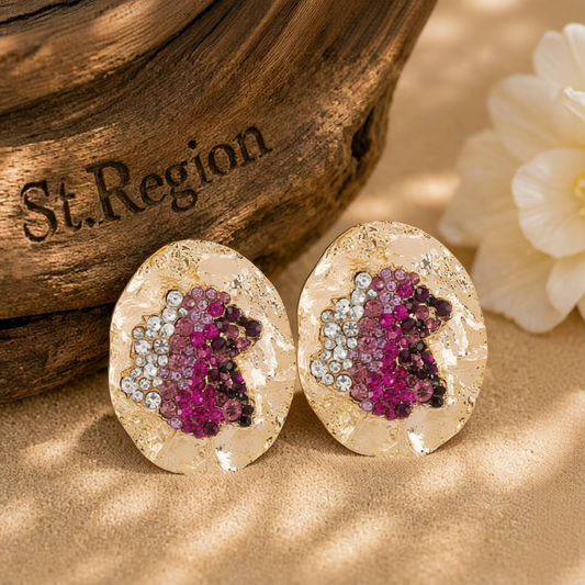 Purple Cubic Zirconia & 18K Gold-Plated Textured Oval Stud Earrings