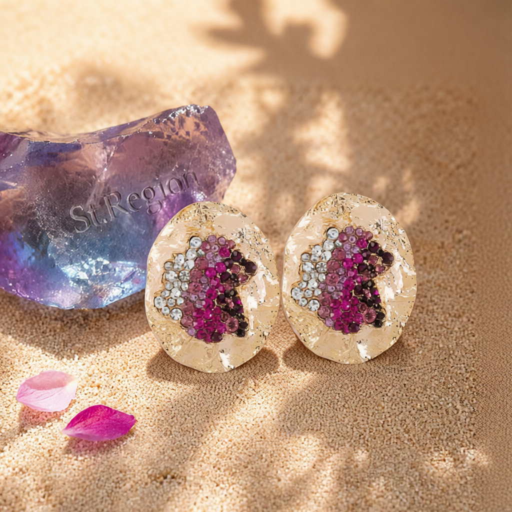 Purple Cubic Zirconia & 18K Gold-Plated Textured Oval Stud Earrings