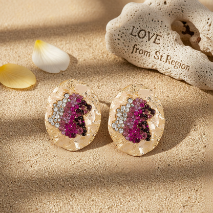 Purple Cubic Zirconia & 18K Gold-Plated Textured Oval Stud Earrings
