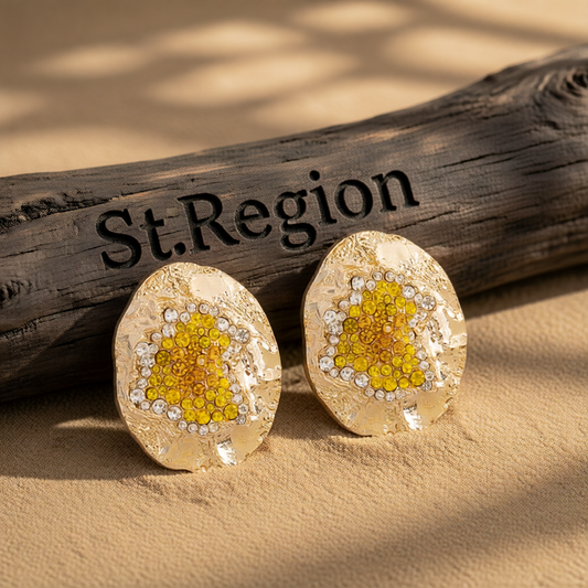Yellow Cubic Zirconia & 18K Gold-Plated Textured Oval Stud Earrings