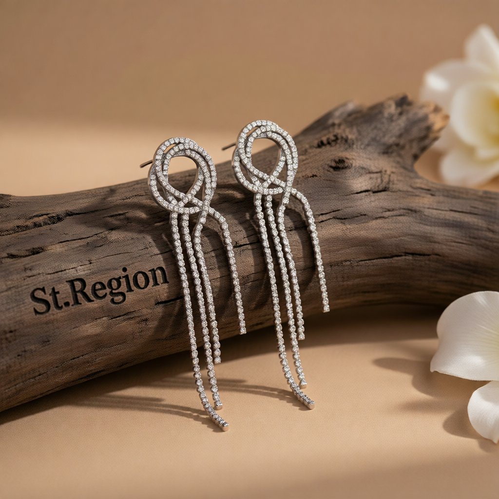 Cubic Zirconia and Rhodium-Plated Tassel Drop Earrings, drop earrings for women, everyday style, front view