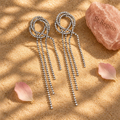 Cubic Zirconia and Rhodium-Plated Tassel Drop Earrings, drop earrings for women, everyday style, detail close-up