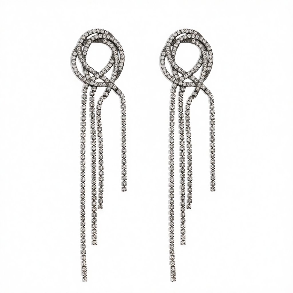 Cubic Zirconia and Rhodium-Plated Tassel Drop Earrings, drop earrings for women, everyday style, side view