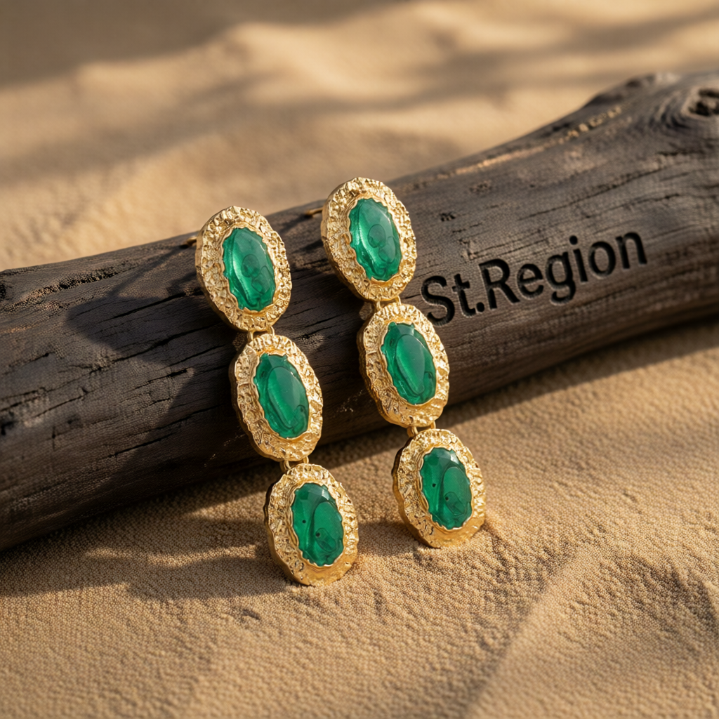 Green Enamel & 18K Gold-Plated Textured Oval Trio Drop Earrings