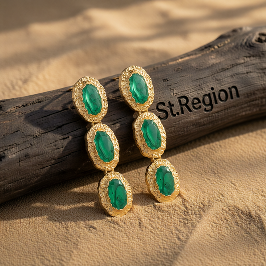 Green Enamel & 18K Gold-Plated Textured Oval Trio Drop Earrings