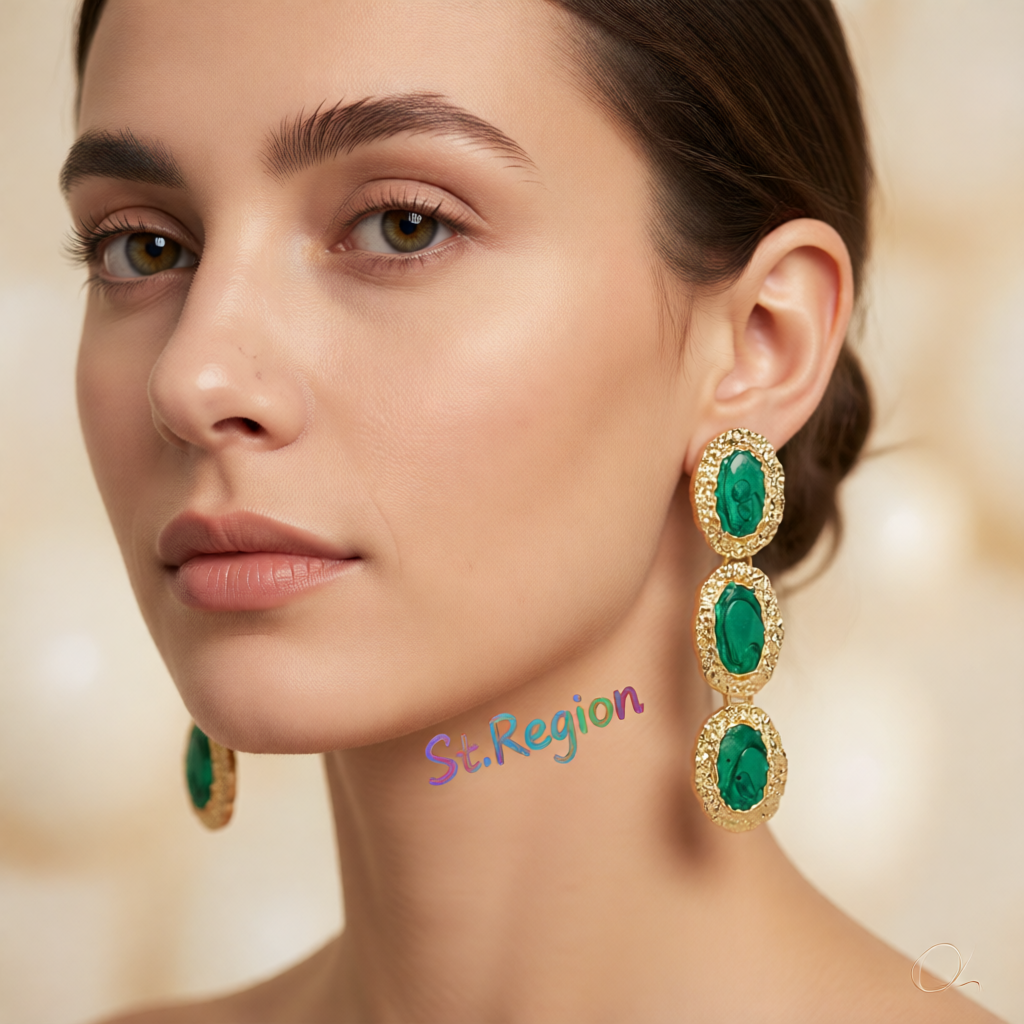 Green Enamel & 18K Gold-Plated Textured Oval Trio Drop Earrings