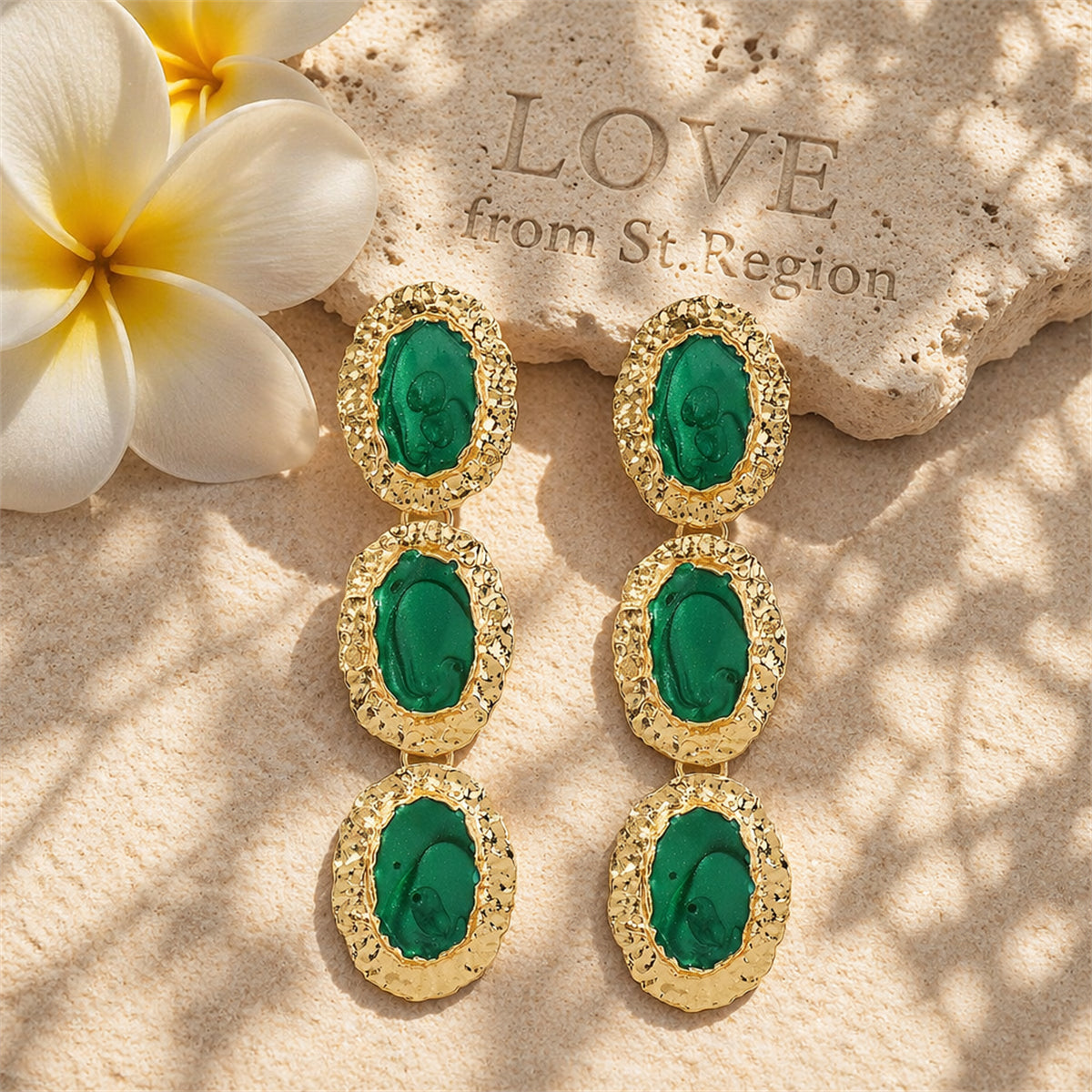Green Enamel & 18K Gold-Plated Textured Oval Trio Drop Earrings