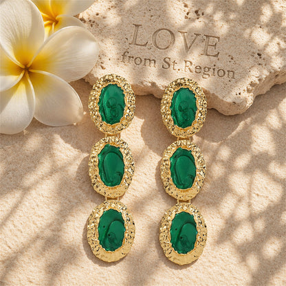 Green Enamel & 18K Gold-Plated Textured Oval Trio Drop Earrings
