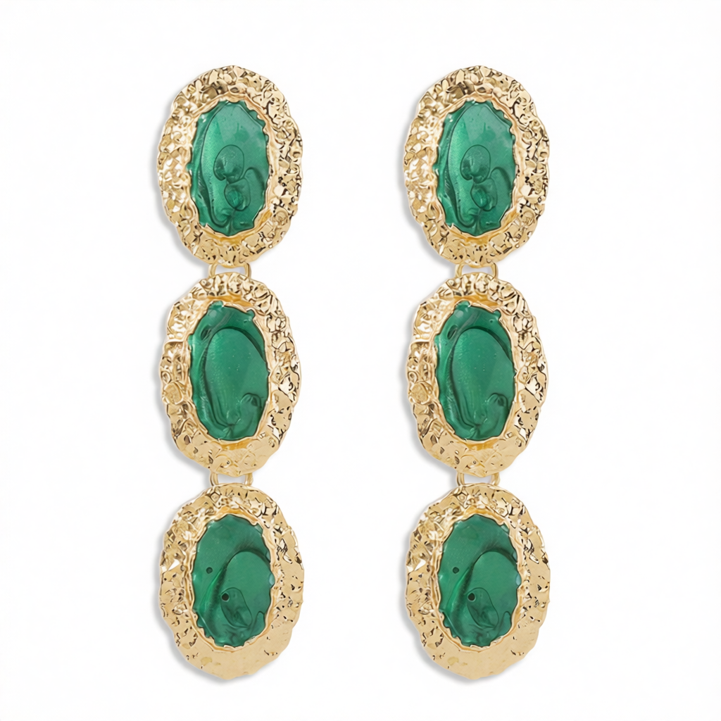 Green Enamel & 18K Gold-Plated Textured Oval Trio Drop Earrings