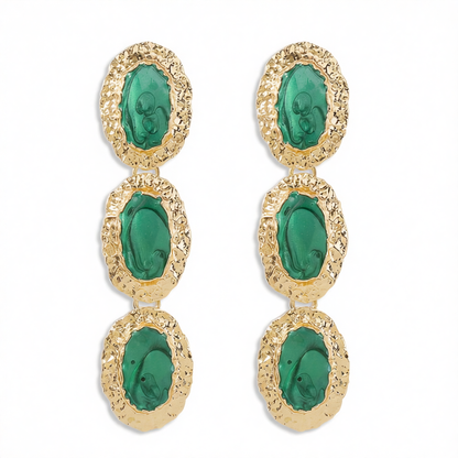Green Enamel & 18K Gold-Plated Textured Oval Trio Drop Earrings