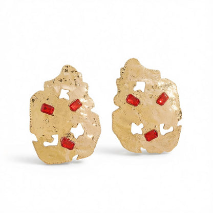 Red Crystal and 18K Gold-Plated Abstract Stud Earrings, cubic zirconia stud earrings for women, botanical inspired, side view
