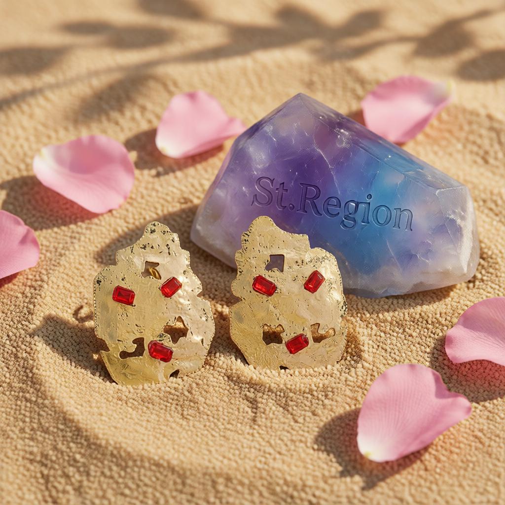 Red Crystal and 18K Gold-Plated Abstract Stud Earrings, cubic zirconia stud earrings for women, detail close-up
