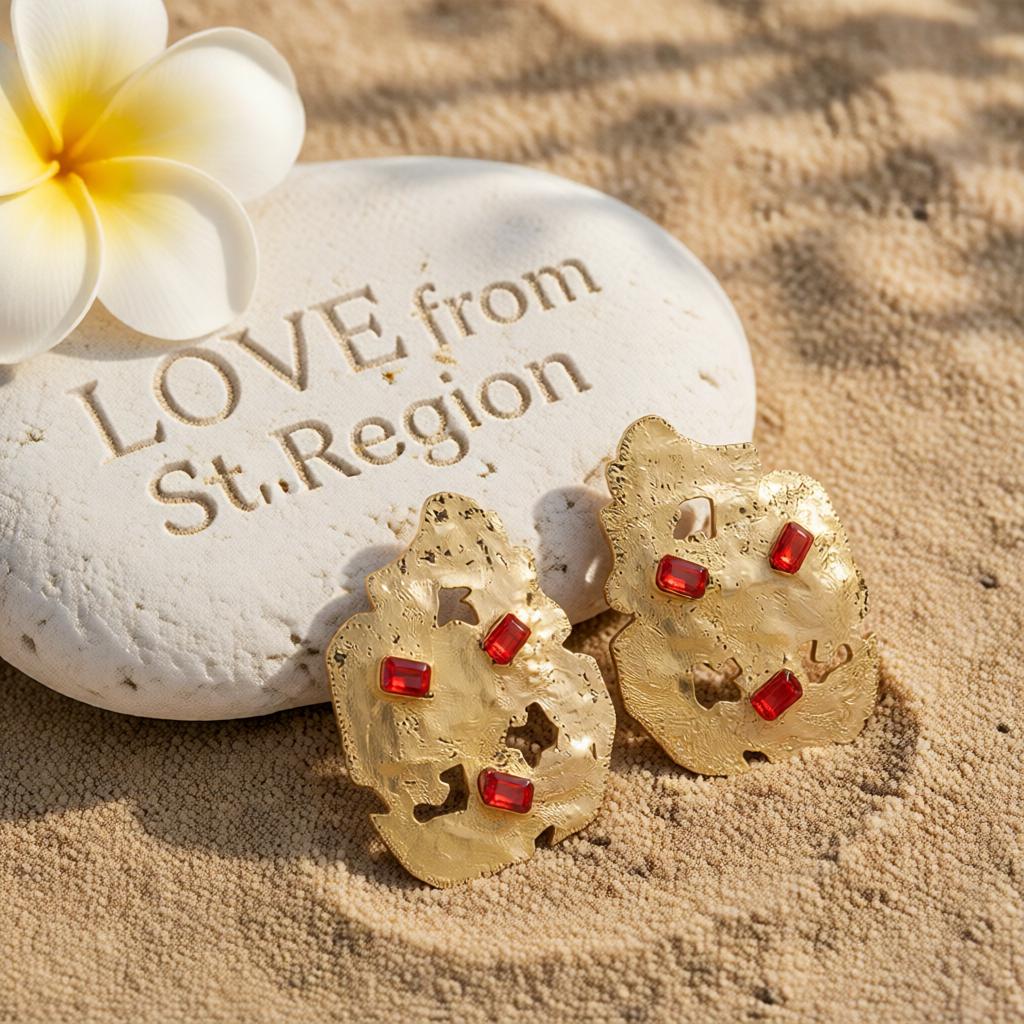 Red Crystal and 18K Gold-Plated Abstract Stud Earrings, cubic zirconia stud earrings for women, lifestyle look