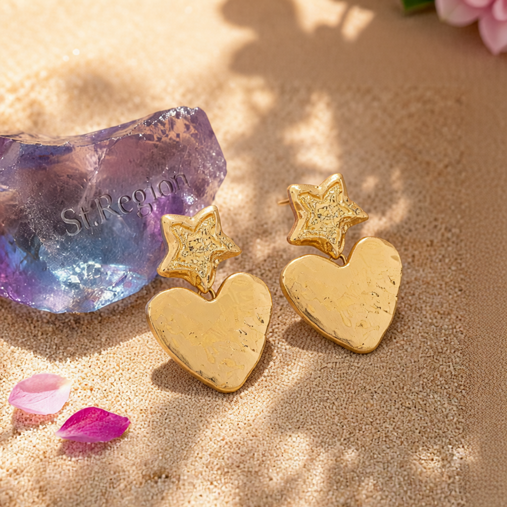 18K Gold-Plated Textured Star Heart Drop Earrings