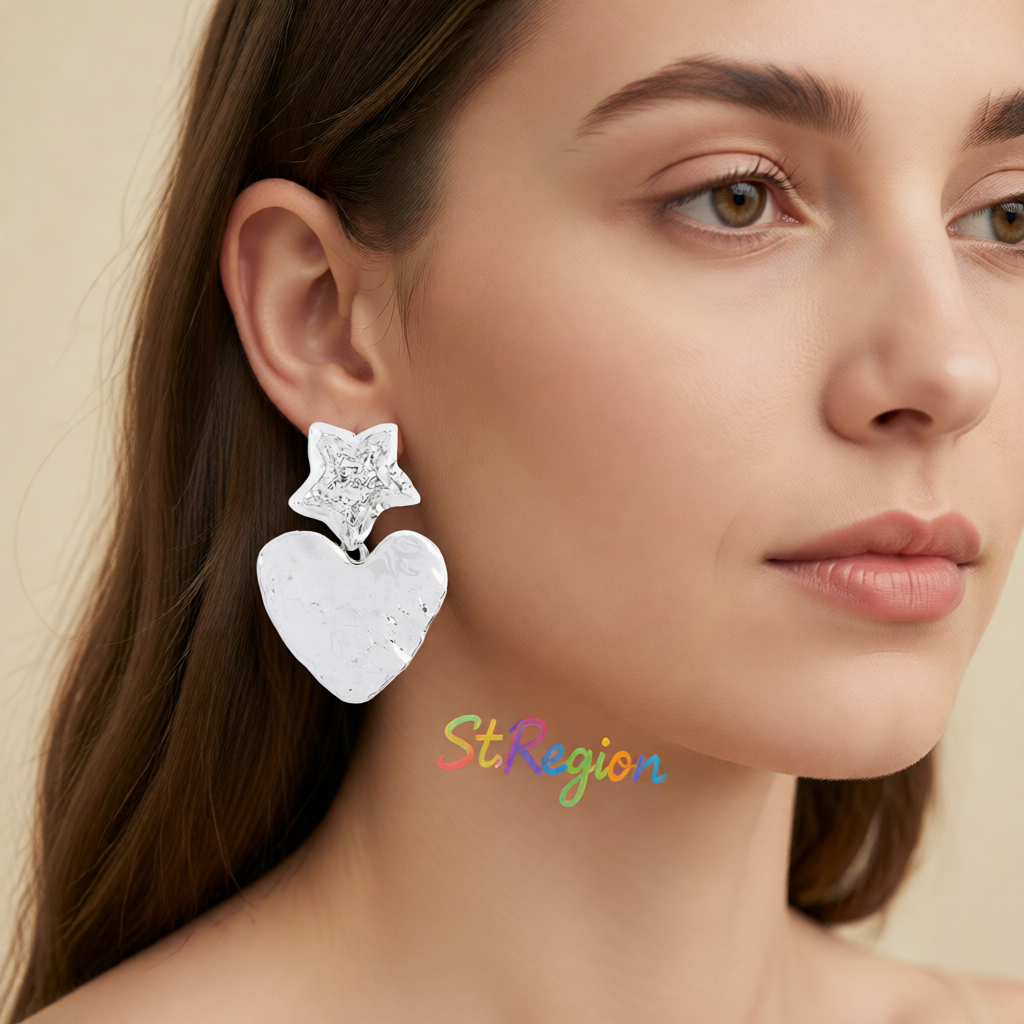 Silver-Plated Textured Star Heart Drop Earrings