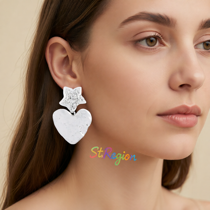 Silver-Plated Textured Star Heart Drop Earrings