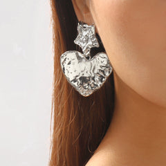Silver-Plated Textured Star Heart Drop Earrings