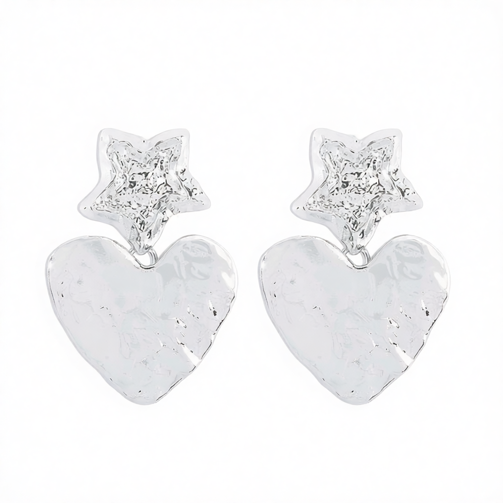 Silver-Plated Textured Star Heart Drop Earrings