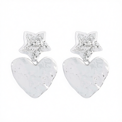 Silver-Plated Textured Star Heart Drop Earrings