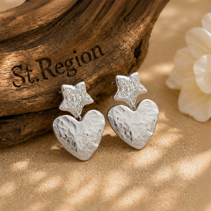 Silver-Plated Textured Star Heart Drop Earrings