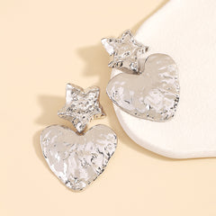 Silver-Plated Textured Star Heart Drop Earrings